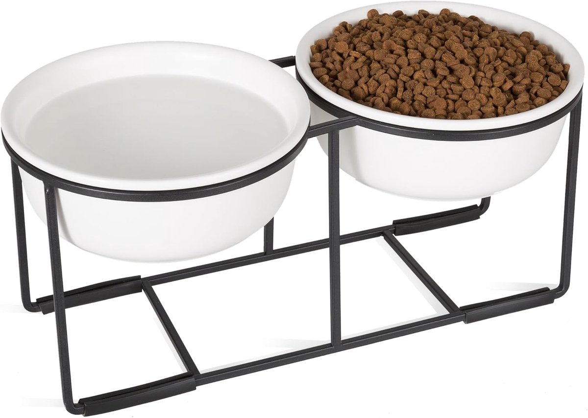 Verhoogde hondenbakset - verhoogde voer- en waterbakken met metalen standaard - dubbele huisdierenbakken voor kleine en middelgrote honden - 3 kopjes - 720 ml - mat wit