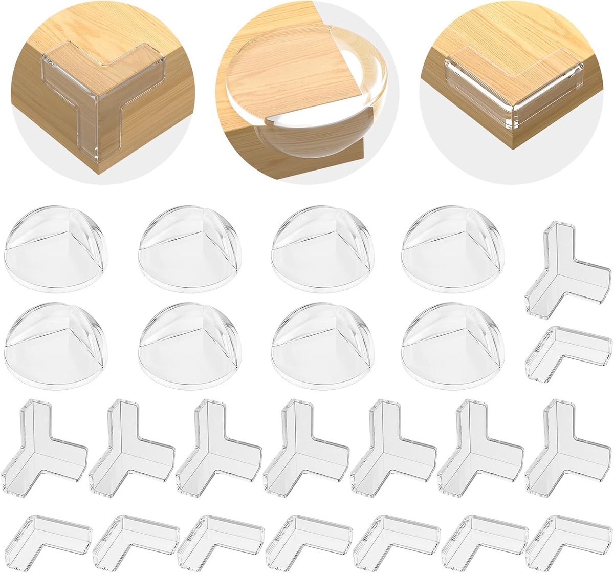 Hoekbescherming voor kinderen, 24 stuks hoekbeschermers van rubber, transparant, pre-tape voor kinderen, hoekbescherming voor kinderen, tafelrandbescherming, veiligheidsset voor babyhoofd,