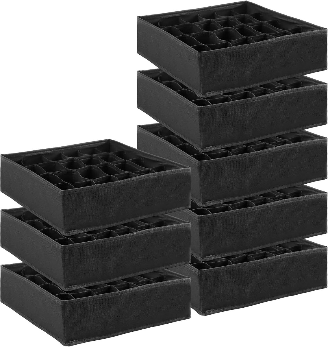 8 stuks lade-organizer, kledingkast met 24 vakken, 32 x 32 x 10 cm, stapelbaar, kledingkast, stoffen opbergdoos voor ondergoed, sokken, stropdassen, zwart