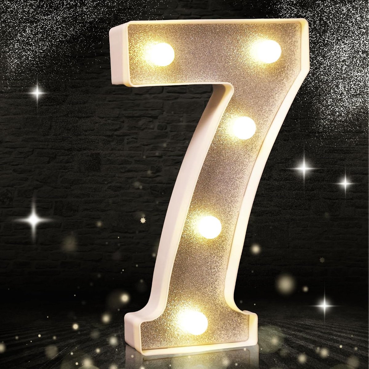 7 Led Licht, Zilver Glitter LED Licht, Glitter Nummer Verlichting, Geschikt voor Verjaardagsfeestdecoratie, Babyshower, Bruiloft Achtergrond Woondecoratie, 20,5 cm Zilver Nummer 7 (Warm Wit)