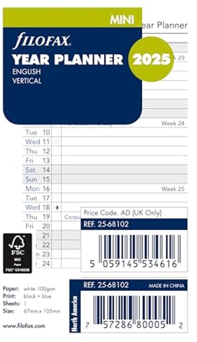 Mini vertical planner navulling voor 2025 - wit papier, Engelse editie