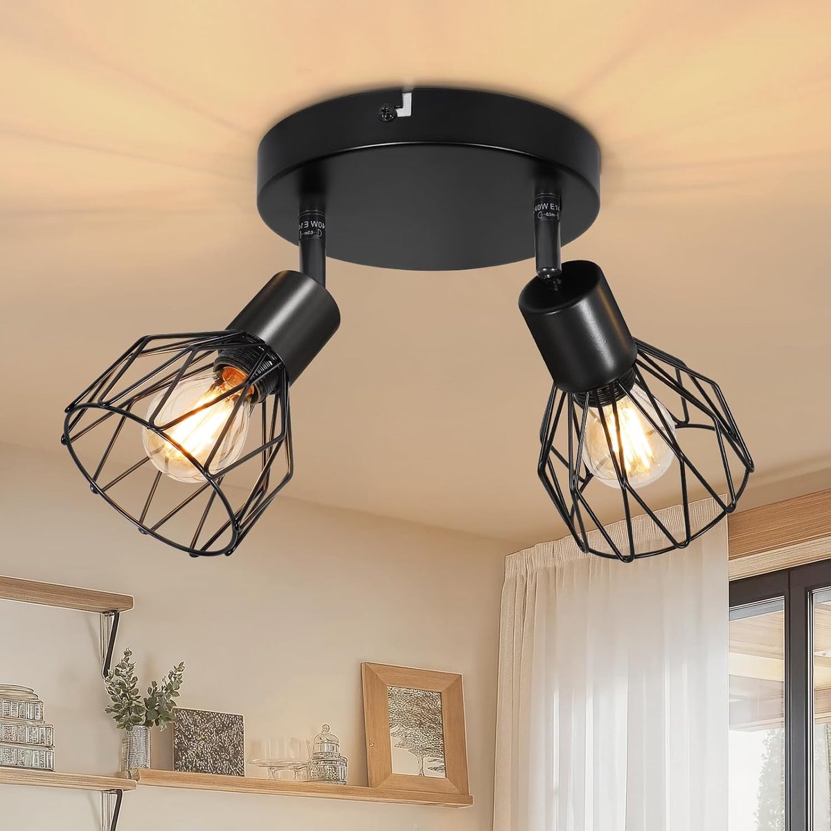 Plafondlamp zwart E14 rond - plafondspot 2 vlammen - wandlamp binnen draaibaar 350° plafondlamp mat metaal voor keuken, woonkamer, slaapkamer, max. 40 watt [zonder lamp]