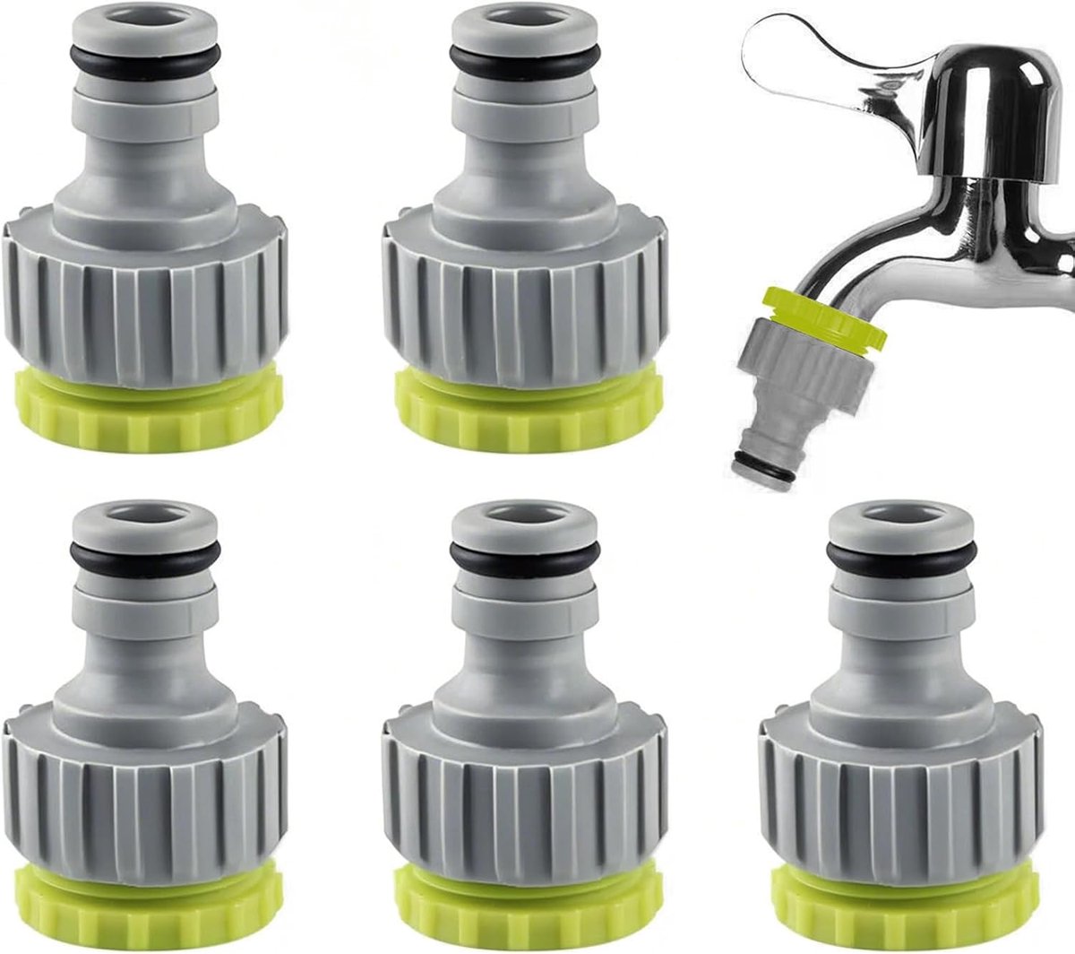6 stuks tuinkraanadapters, groen, 2-in-1 universele aansluitingen voor tuinslang, 1/2 en 3/4 inch, aansluitingen van robuust kunststof, ideaal voor irrigatie en autowasbeurt
