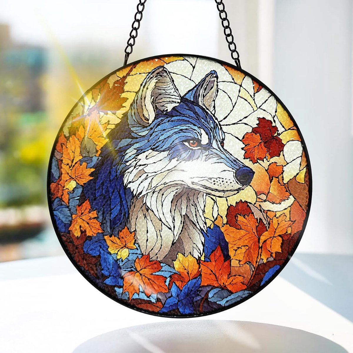 Wolf Gekleurd Glas Hangend - Dier Hangende Raamdecoratie - voor Tuin, Raam en Deur, Kerst, Handgemaakte Suncatcher Decoratie 20x20 cm