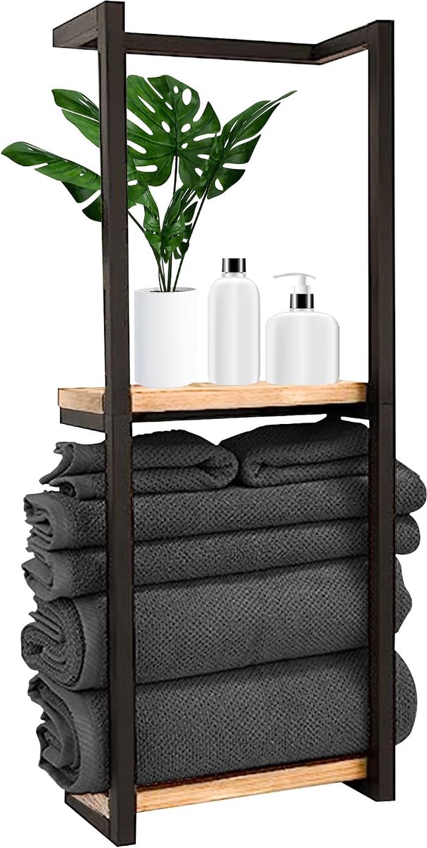 Handdoekrek - Badkamerrek - Handdoekrek Badkamer - Handdoekhouder - Handdoekenrek (Zwart/Hout)