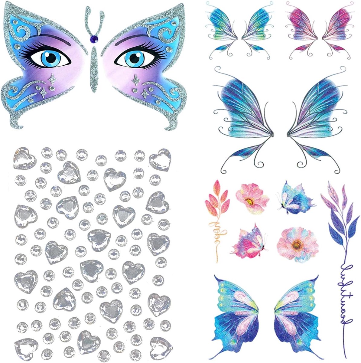 Carnaval Vlinder Tattoo Gezicht, Face Art Sticker Vlinder Butterfly, Glitter Gezichtsverf, Tijdelijke Tattoos voor Carnaval, Kerstmis, Halloween, Festival, Kinderen, Verjaardag