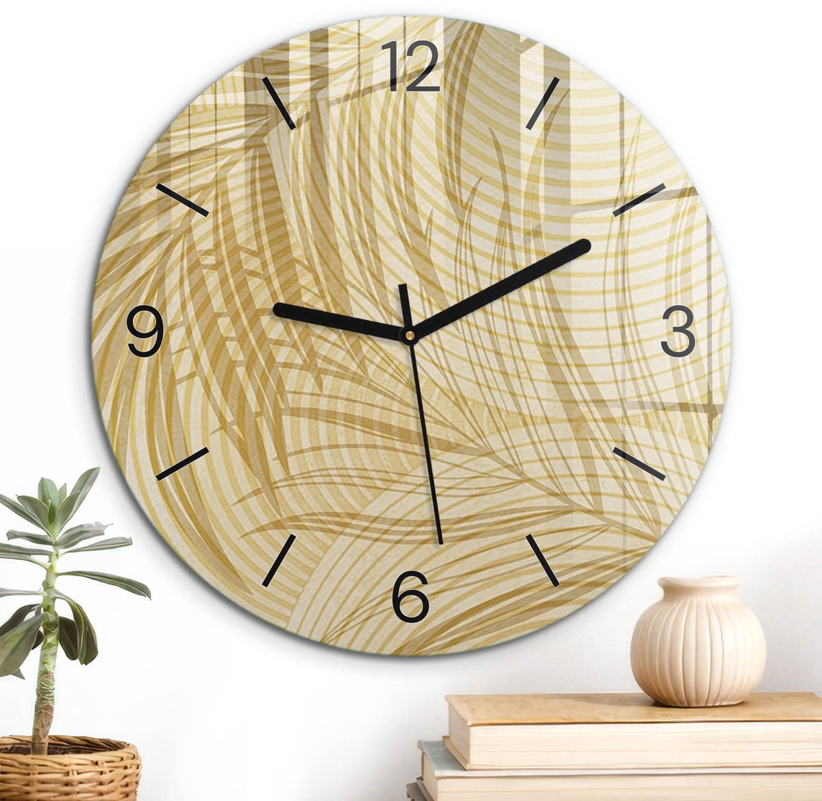 ArtPrintCave Beige Glazen Klok - Wandklok 30 cm - Muurklok Rond - Beige Bladeren Unieke Klok - Achtergronden En Patronen Stille Wandklok - Zwarte Klokwijzers