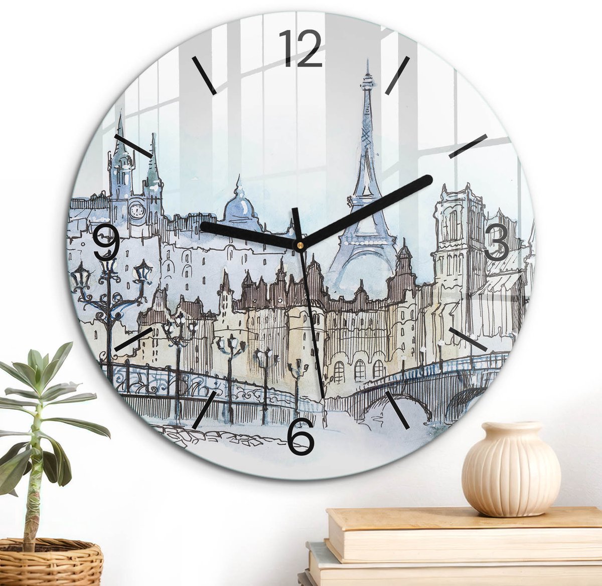 ArtPrintCave Blauw Glazen Klok - Wandklok 30 cm - Muurklok Rond - Stedelijk Landschap Wandklok Keuken - Steden Unieke Klok - Zwarte Klokwijzers