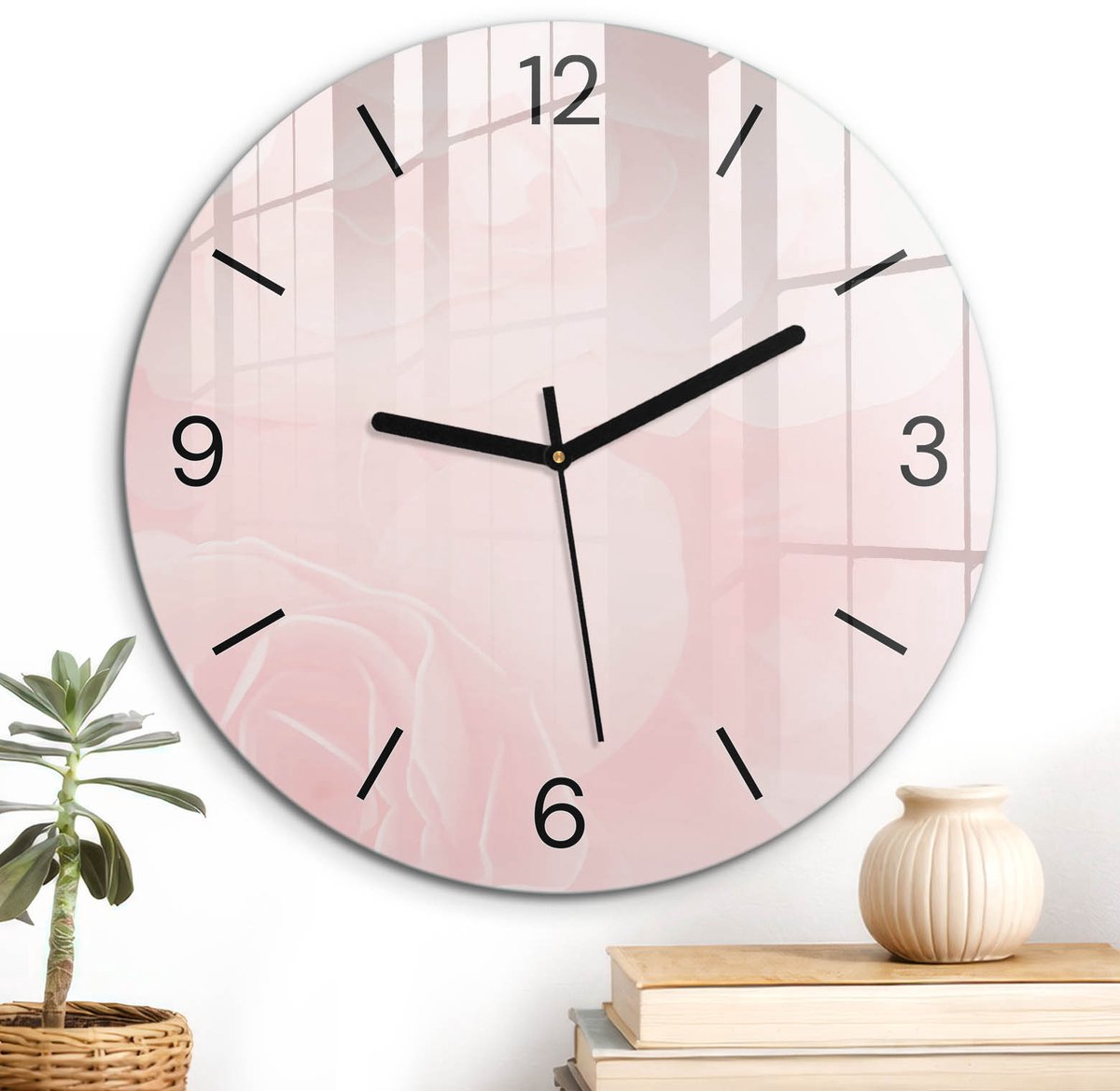 ArtPrintCave Roze Glazen Klok - Wandklok 30 cm - Muurklok Rond - Pastel Rozen Wandklok Keuken - Achtergronden En Patronen Unieke Klok - Zwarte Klokwijzers
