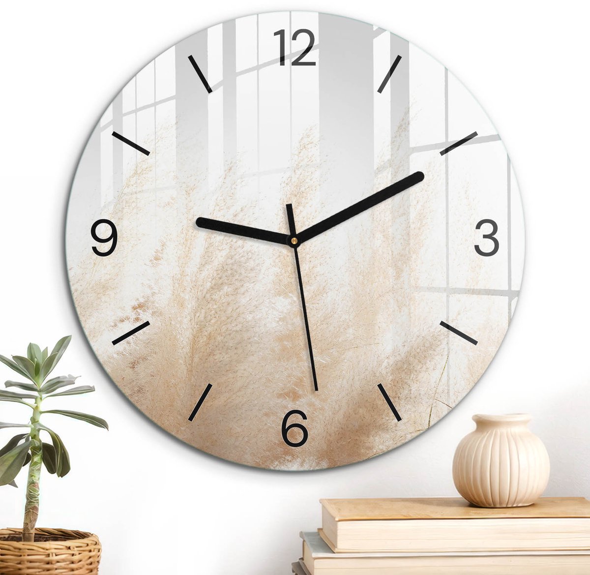 ArtPrintCave Beige Glazen Klok - Wandklok 30 cm - Muurklok Rond - Tere Grassen Stille Wandklok - Achtergronden En Patronen Wandklok Keuken - Zwarte Klokwijzers