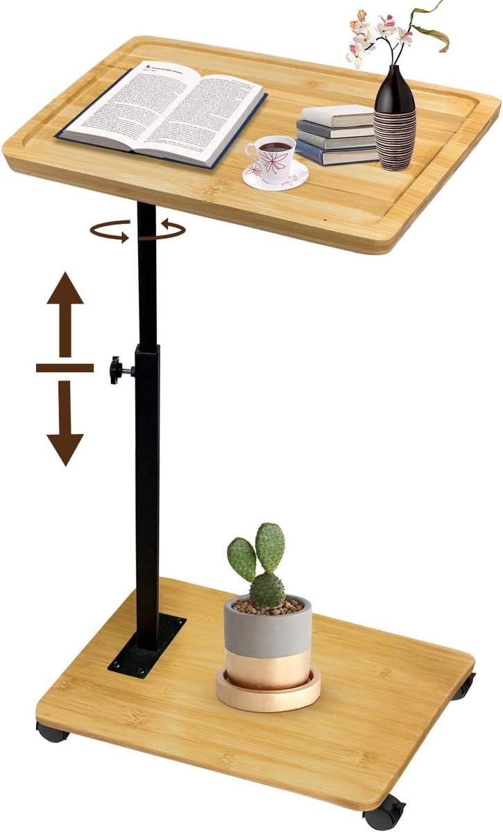 Vellaro Bijzettafel verstelbaar - Natuurlijk - C-vormig - Bamboe en Metaal - Voor Woonkamer en Slaapkamer