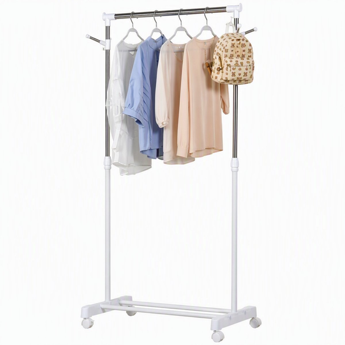 ECTEATOY® Kledingrek - op Wielen - In Hoogte Verstelbaar Kledingrek met Schoenenrek - Wit Metaal - 68.5 x 42 x 87-145 cm - tot 10kg