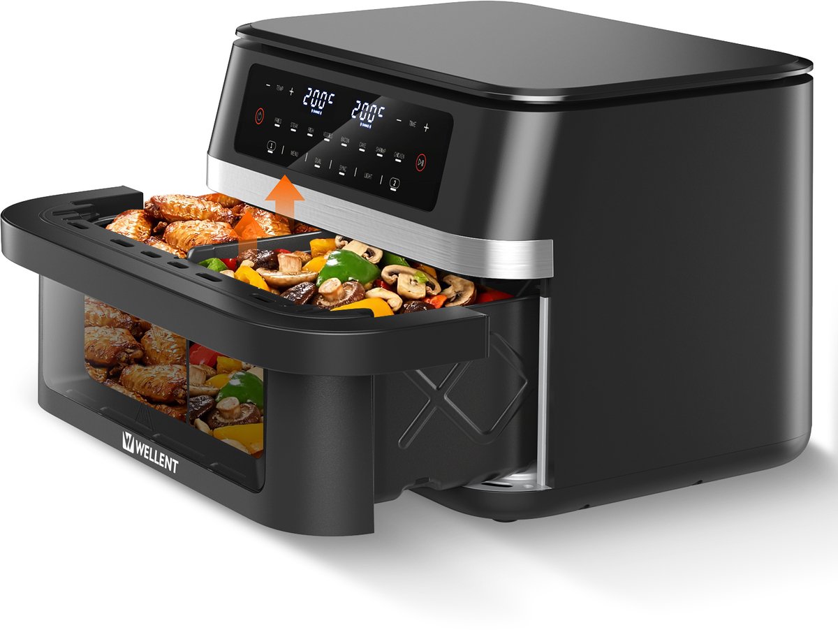 WELLENT Dubbele Airfryer - 2x6L - 12 liter - 2 manden - Airfryer XXL - Touchscreen - Kijkvenster - 8 programma's - 2950W thumbnail 2