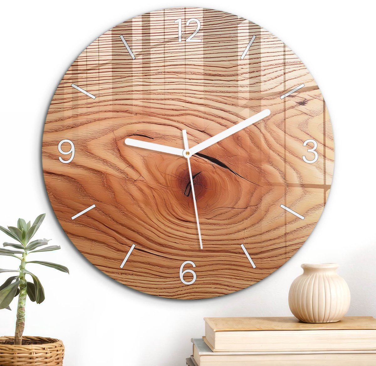 ArtPrintCave Bruin Glazen Klok - Wandklok 30 cm - Muurklok Rond - Houtnerf Stille Wandklok - Natuur Wandklok Keuken - Witte Klokwijzers