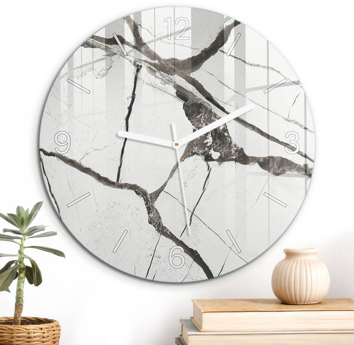 ArtPrintCave Wit Glazen Klok - Wandklok 30 cm - Muurklok Rond - Marmer Abstractie Stille Wandklok - Abstractie Wandklok Keuken - Witte Klokwijzers