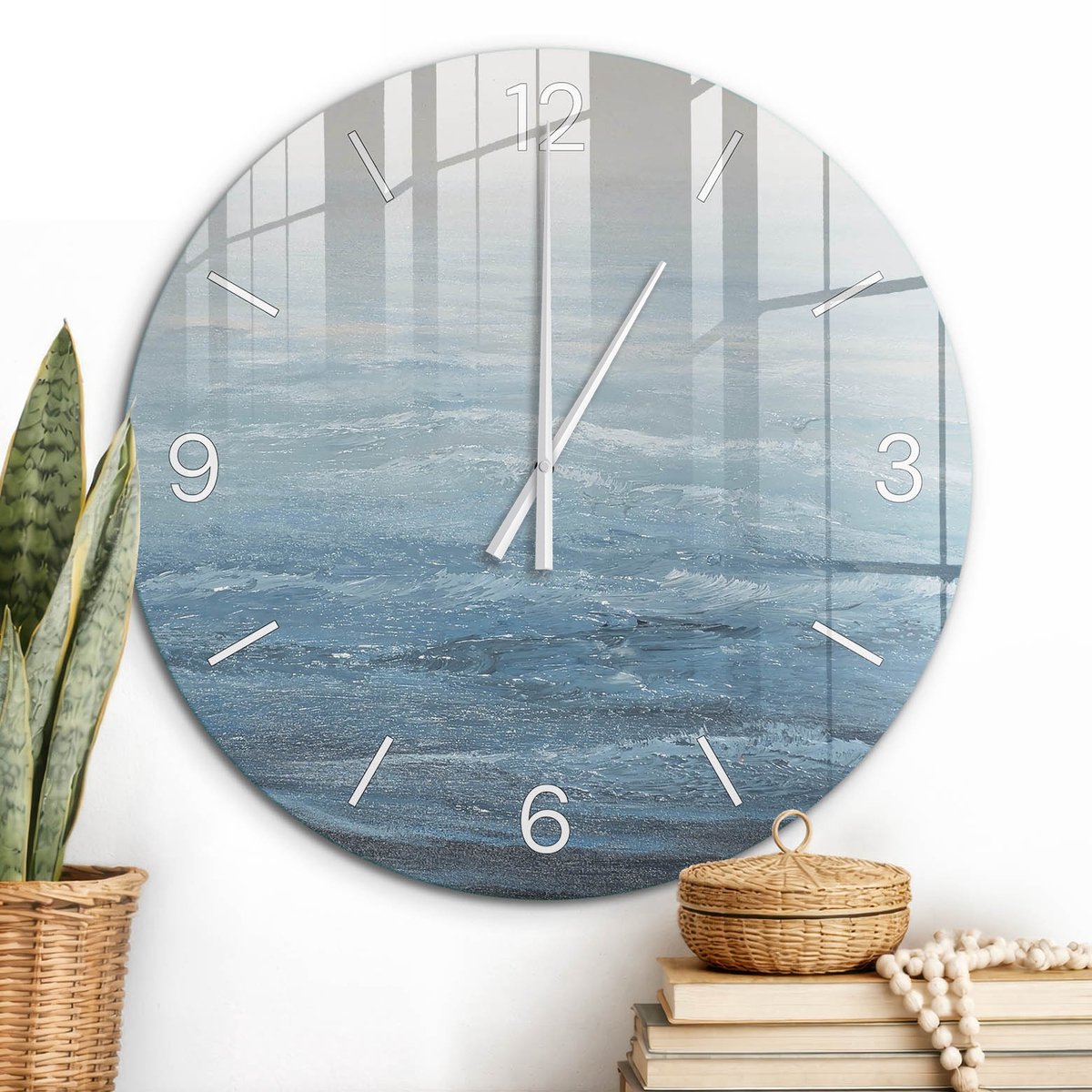 ArtPrintCave Blauw Glazen Klok - Wandklok 60 cm - Muurklok Rond - Kalme Oceaan Stille Wandklok - Natuur Wandklok Keuken - Witte Klokwijzers