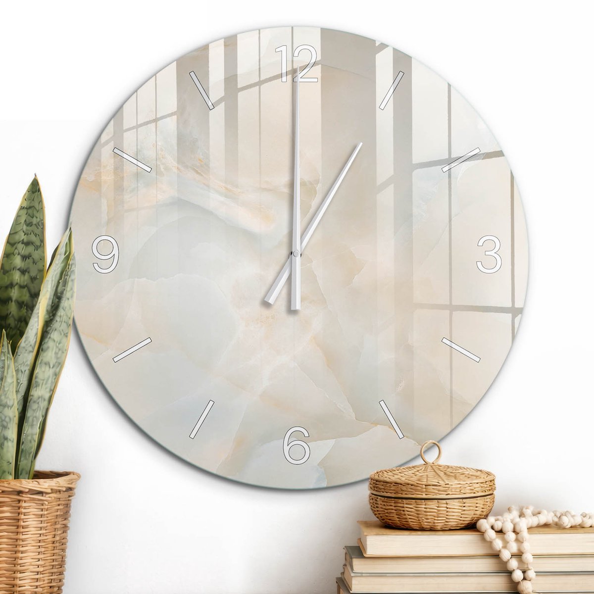 ArtPrintCave Beige Glazen Klok - Wandklok 60 cm - Muurklok Rond - Marmeren Elegantie Stille Wandklok - Achtergronden En Patronen Wandklok Keuken - Witte Klokwijzers