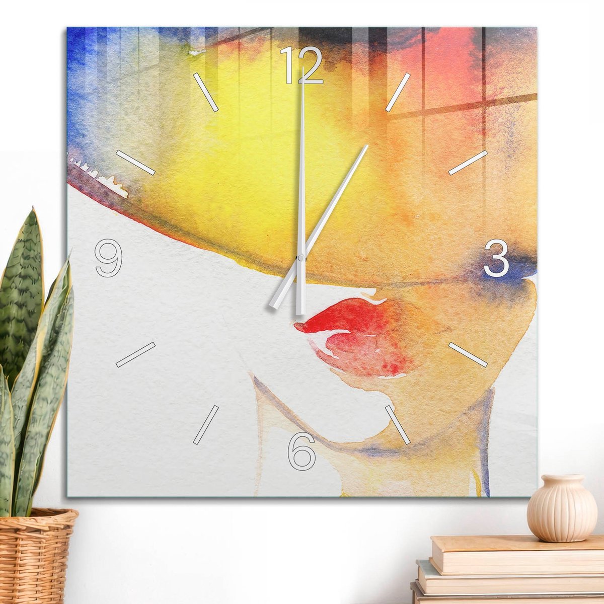 ArtPrintCave Geel Glazen Klok - 60x60 cm - Wandklok Vierkant - Abstract Portret Unieke Klok - Kunst Stille Wandklok - Witte Klokwijzers