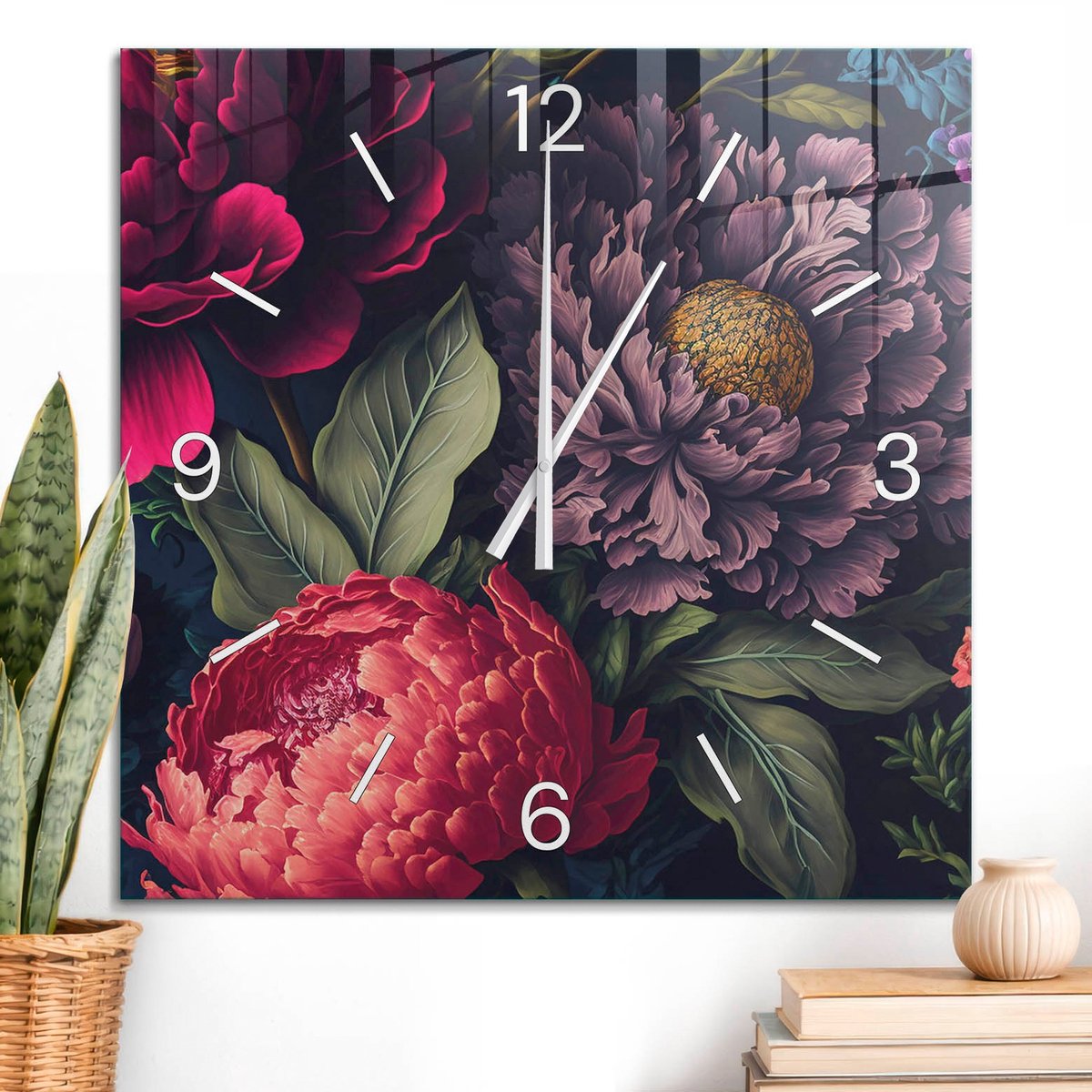 ArtPrintCave Rood Glazen Klok - 60x60 cm - Wandklok Vierkant - Bloemenpatroon Stille Wandklok - Natuur Wandklok Keuken - Witte Klokwijzers