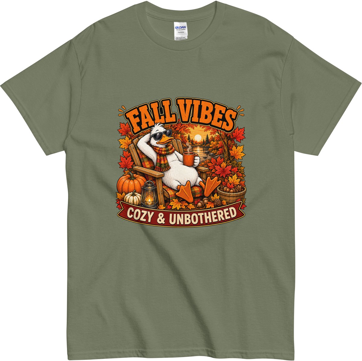 Fall Vibes T Shirt Heren en Dames - Cozy en Unbothererd - Grappig Herfst Tshirt met Gans - Khaki Groen - L