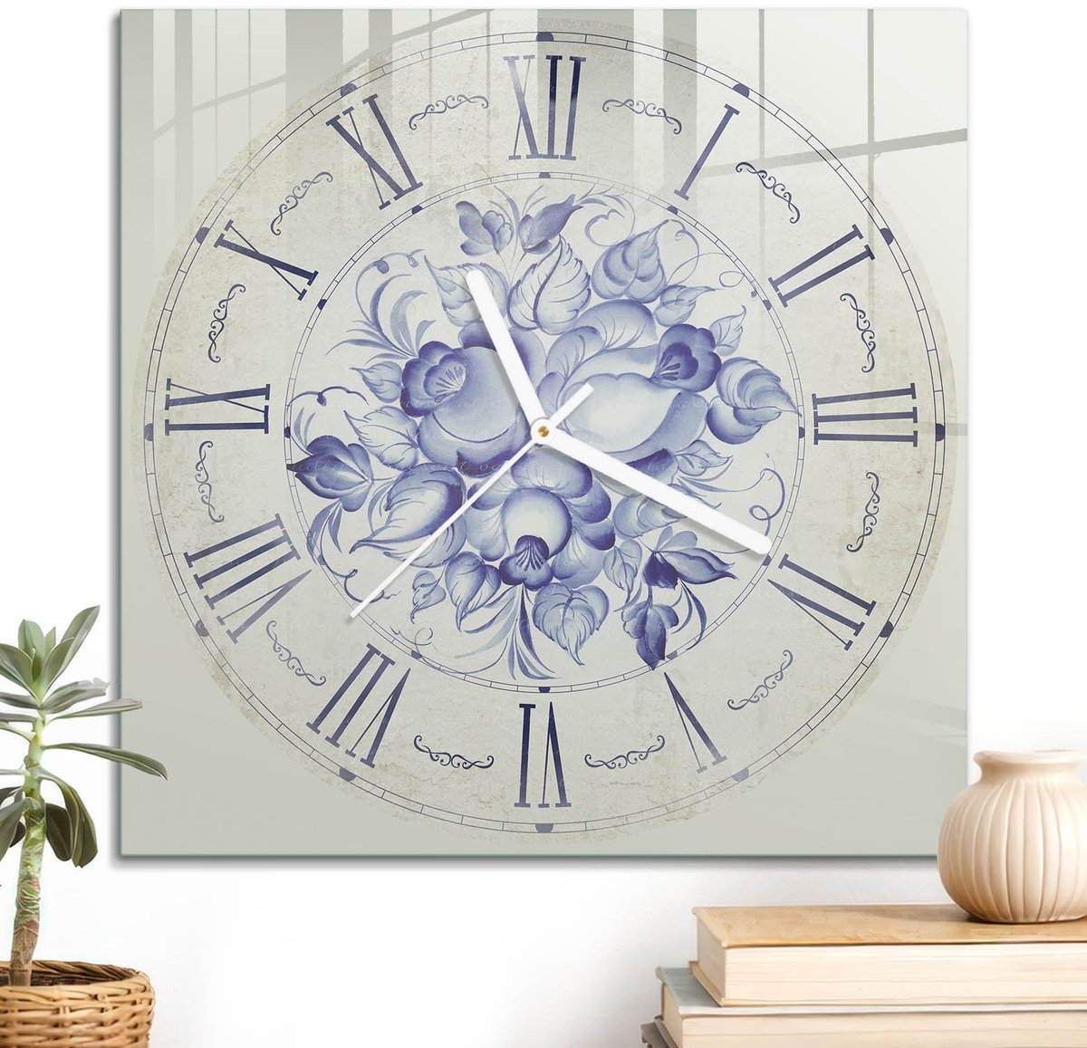 ArtPrintCave Romig Glazen Klok - 30x30 cm - Wandklok Vierkant - Bloemenklok Wandklok Keuken - Bloemen En Planten Unieke Klok - Witte Klokwijzers
