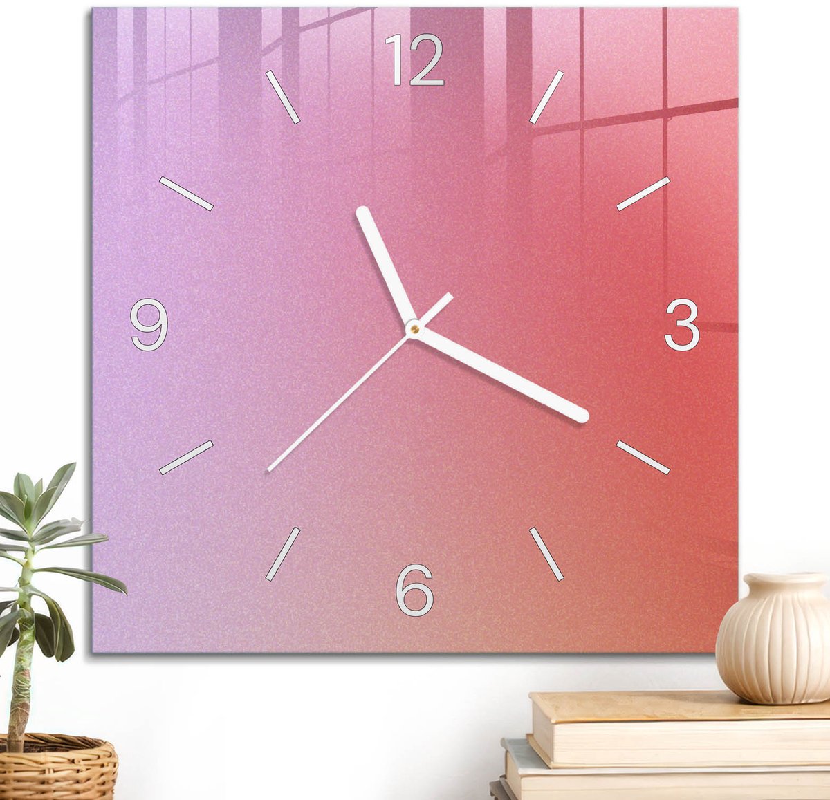 ArtPrintCave Roze Glazen Klok - 30x30 cm - Wandklok Vierkant - Kleurrijk Verloop Wandklok Keuken - Achtergronden En Patronen Unieke Klok - Witte Klokwijzers
