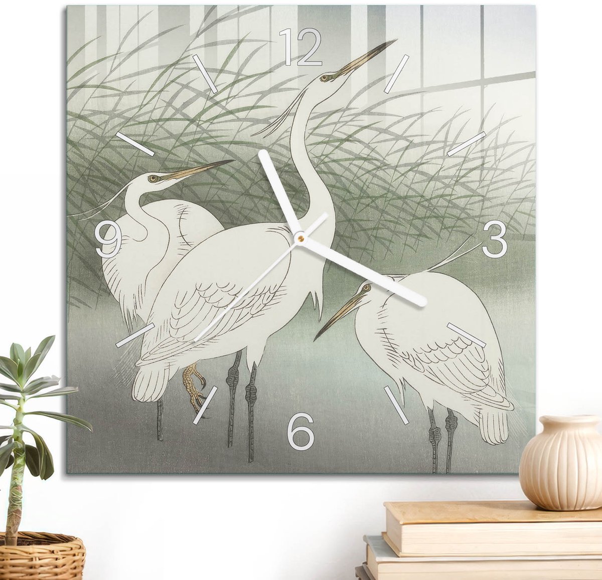 ArtPrintCave Wit Glazen Klok - 30x30 cm - Wandklok Vierkant - Vogels Van Het Gras Wandklok Keuken - Dieren Unieke Klok - Witte Klokwijzers