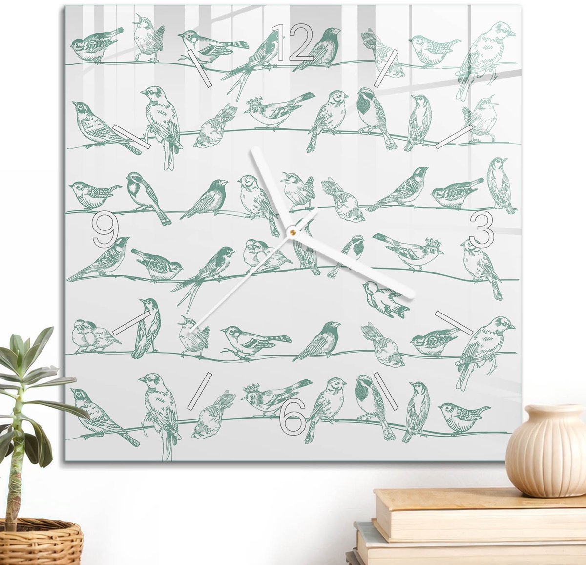 ArtPrintCave Turkoois Glazen Klok - 30x30 cm - Wandklok Vierkant - Vogels Natuur Stille Wandklok - Natuur Wandklok Keuken - Witte Klokwijzers