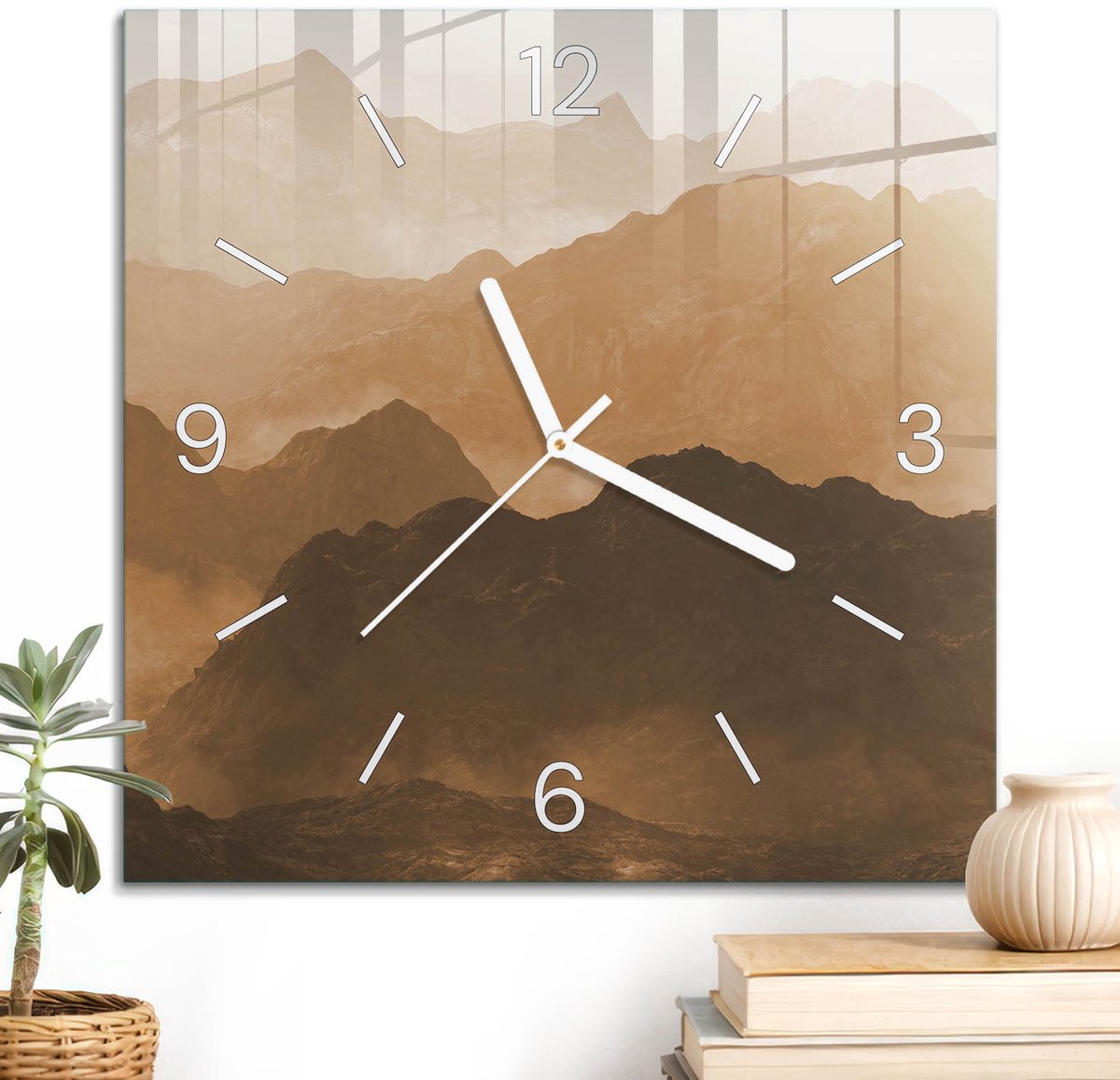 ArtPrintCave Oranje Glazen Klok - 30x30 cm - Wandklok Vierkant - Bergpanorama Stille Wandklok - Natuur Wandklok Keuken - Witte Klokwijzers