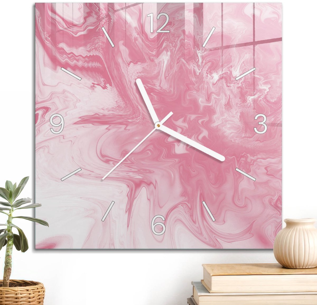 ArtPrintCave Roze Glazen Klok - 30x30 cm - Wandklok Vierkant - Roze Chaos Wandklok Keuken - Kunst Unieke Klok - Witte Klokwijzers