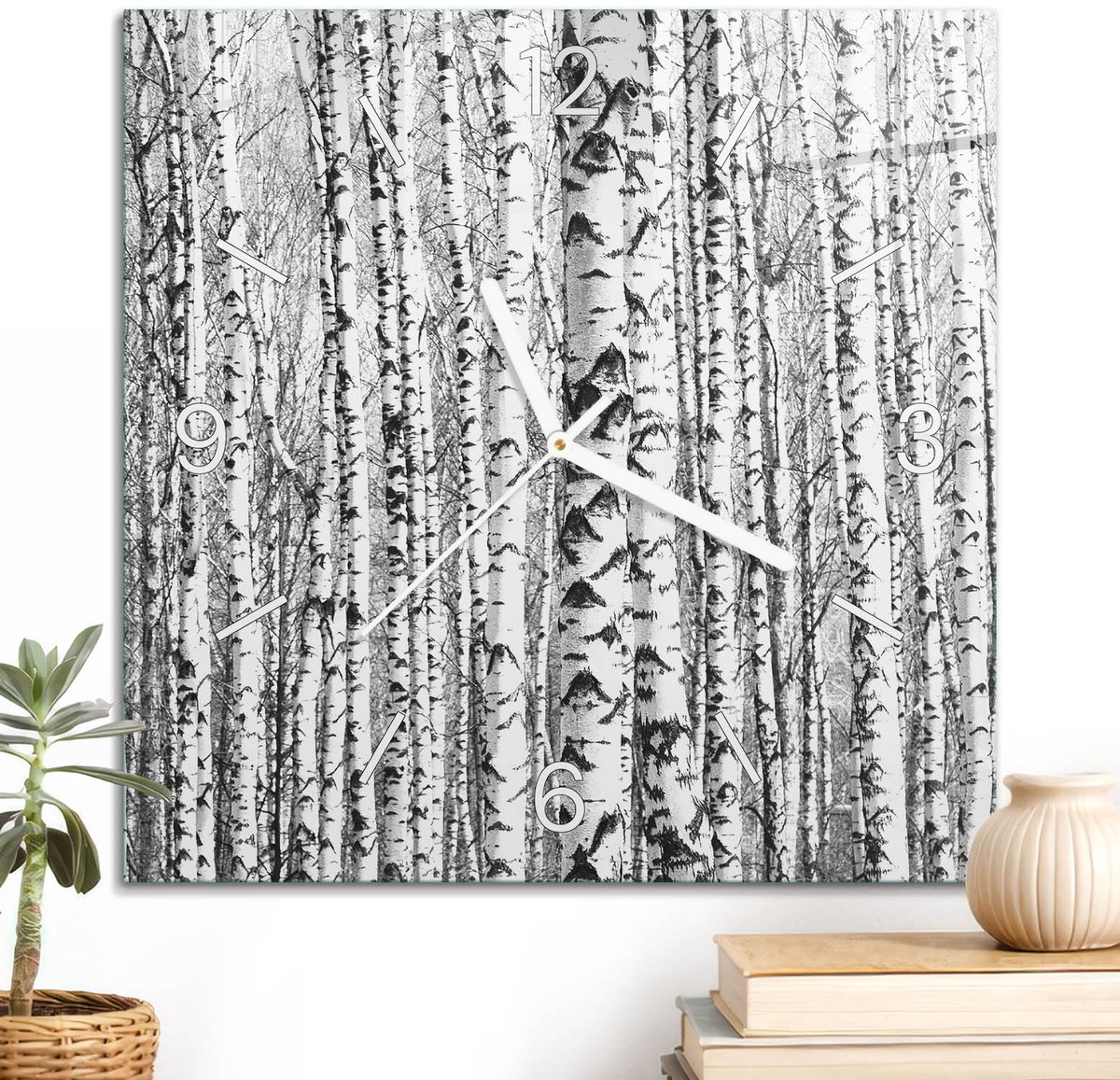 ArtPrintCave Wit Glazen Klok - 30x30 cm - Wandklok Vierkant - Berkenbos Stille Wandklok - Abstractie Wandklok Keuken - Witte Klokwijzers