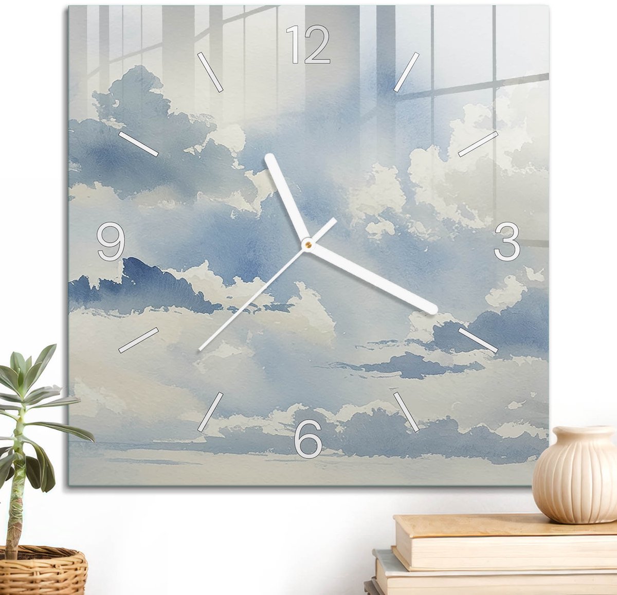 ArtPrintCave Blauw Glazen Klok - 30x30 cm - Wandklok Vierkant - Aquarelwolken Stille Wandklok - Kunst Wandklok Keuken - Witte Klokwijzers