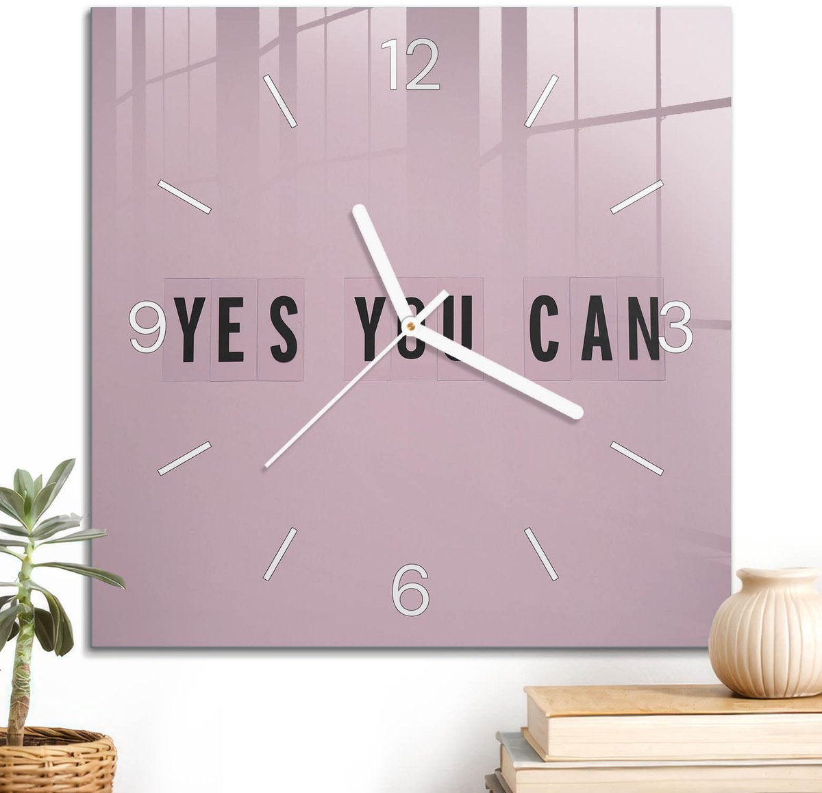 ArtPrintCave Roze Glazen Klok - 30x30 cm - Wandklok Vierkant - Positieve Motivatie Unieke Klok - Kunst Stille Wandklok - Witte Klokwijzers