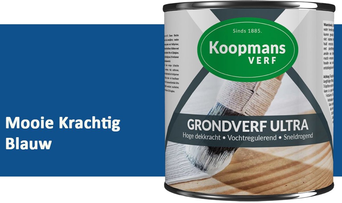 Koopmans Grondverf Ultra – Grondverf Hout & Metaal Binnen en Buiten – Vochtregulerende Primer – Hoge Dekking – Zijdeglans – Mooie Krachtig Blauw – 375 ml