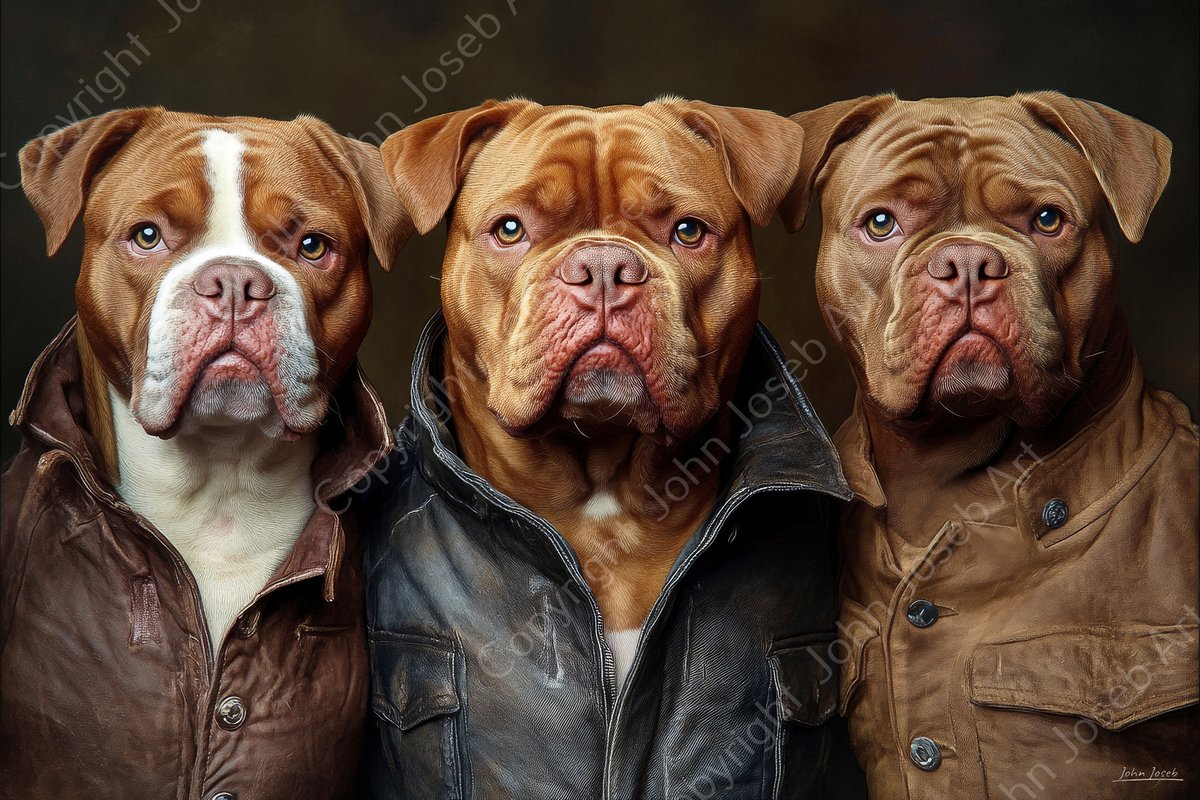 John Joseb Art (Aluminium) 120x80 | Grappige honden in leren jas, humor, portret, boxer | dier, stoer, hond, bulldog, bruin, zwart, woonkamer, modern | foto-schilderij op dibond, metaal wanddecoratie