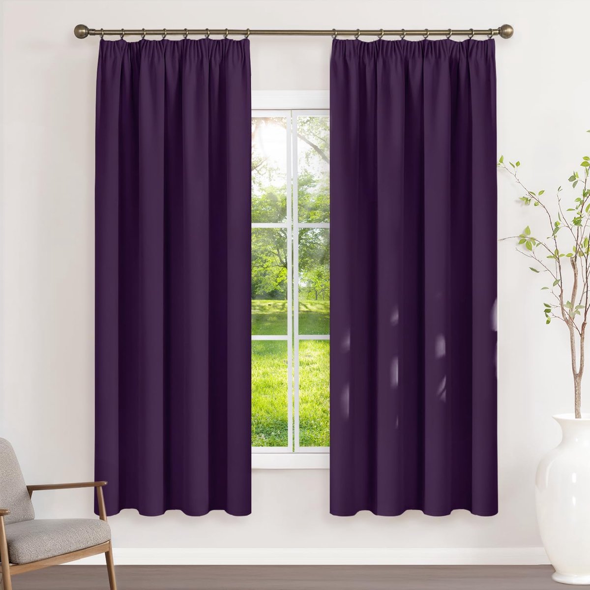 Gordijnen met plooiband, ondoorzichtige verduisteringsgordijnen, donkerviolet, set van 2, 180 x 120 cm (H x B) voor railsysteem, thermische gordijnen, koudebescherming, schuifgordijnen voor