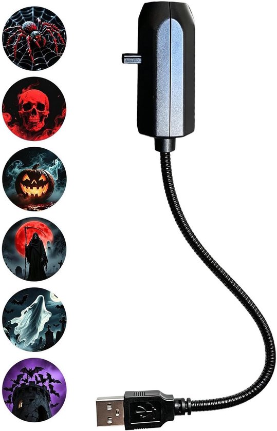 Zwarte projector met USB-aansluiting, inclusief 6 verwisselbare Halloween-filmschijven: spin, schedel, pompoen, magere Hein, spook, vleermuizen.