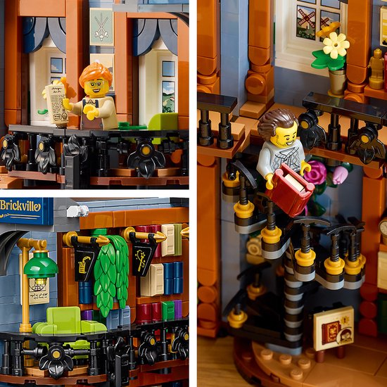 Collage van LEGO boekhandel interieur: minifiguren bij toonbank, boekenkasten en planten.