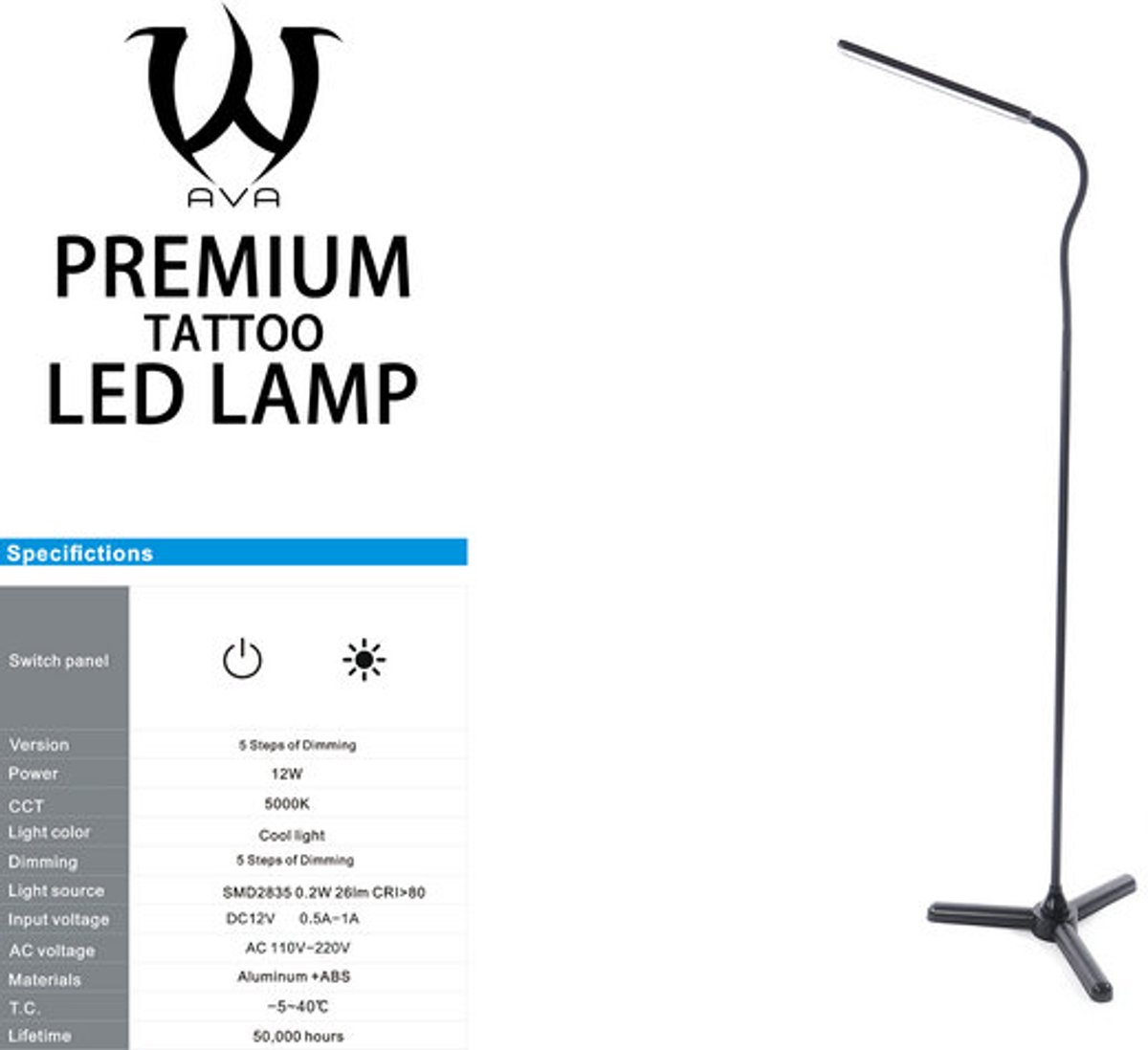 LED Tattoo Floorlamp | Verstelbare werklamp | Zwart