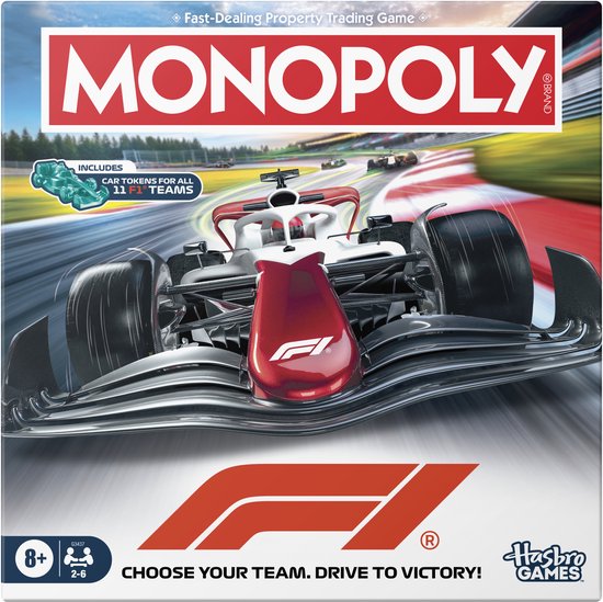 Monopoly F1 bordspel met een rode en witte Formule 1 auto op een racecircuit. "Monopoly", "F1" en "Fast-Dealing Property Trading Game" zijn zichtbaar.