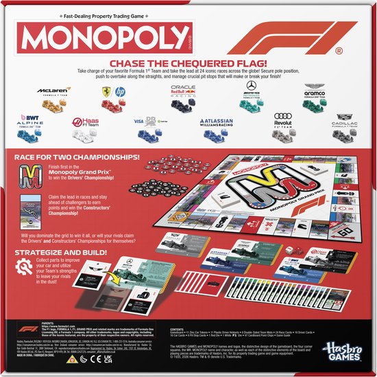 Monopoly F1 bordspel: spelbord met Formule 1 auto's, merklogo's, "Chase the Chequered Flag" en "Race for Two Championships".