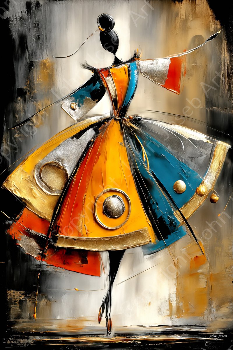 John Joseb Art (Aluminium) 120x80 | Vrouw, ballerina, danseres, artistiek, abstract, kleurrijk, dans, muziek, ballet, kunst, mens, rood, geel, goud, bruin, blauw, modern | foto-schilderij op dibond, metaal wanddecoratie