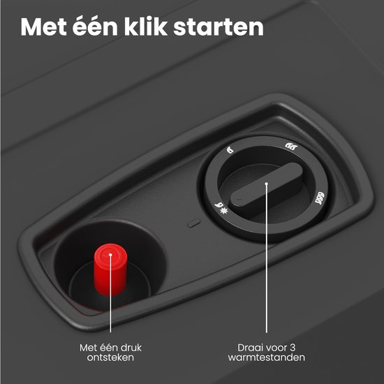 Zwarte gaskachel met draaiknop voor 3 warmtestanden en rode knop om aan te steken.