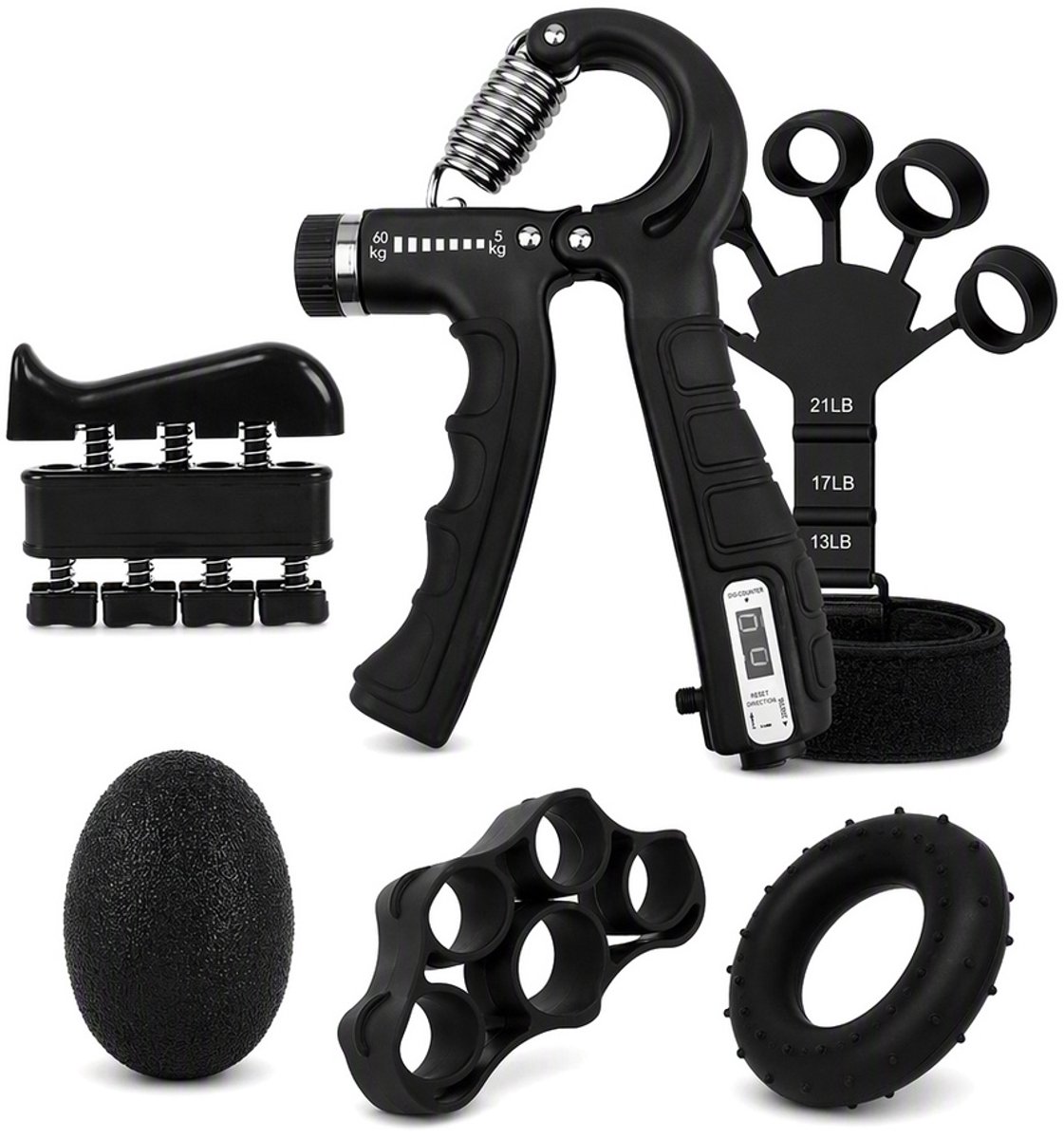 7-delige handknijper set – verstelbaar 5-60 kg, voor pols- en vingertraining,complete grip strength trainer – met teller