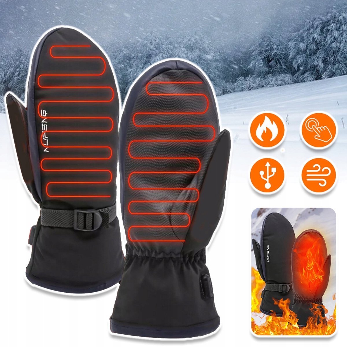 USB-Verwarmde Handschoenen Met Dubbele Verwarmingselementen Waterdicht Winddicht Duurzaam Stretchleer Antislipgrip Voor Skiën Fietsen Wandelen En Koud Weer Zwart