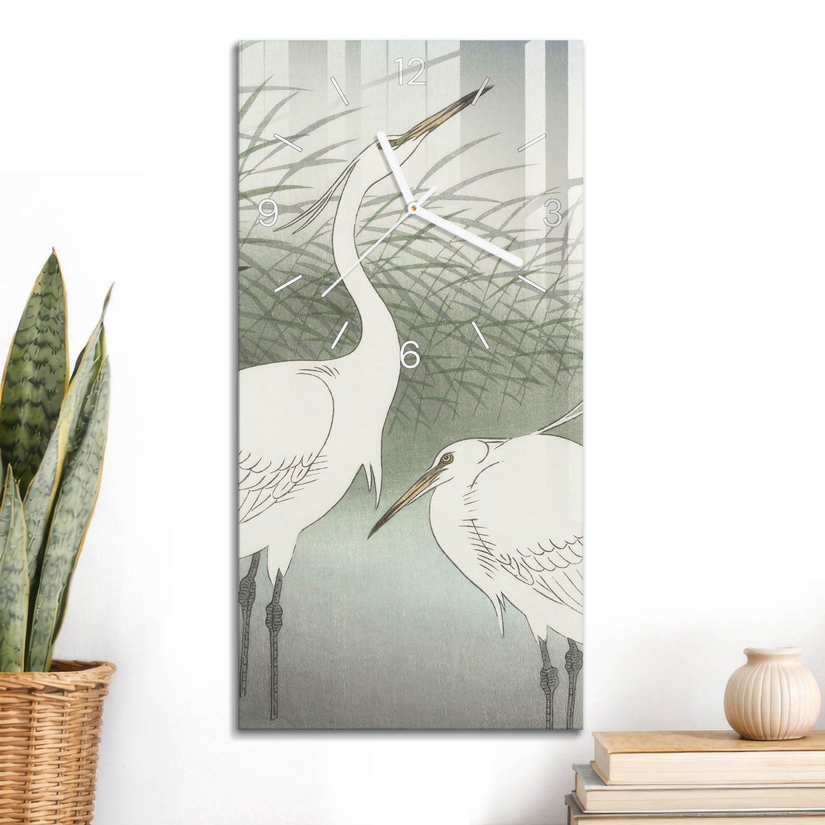 ArtPrintCave Wit Glazen Klok - 30x60 cm - Rechthoekige Wandklok - Vogels Van Het Gras Stille Wandklok - Dieren Wandklok Keuken - Witte Klokwijzers