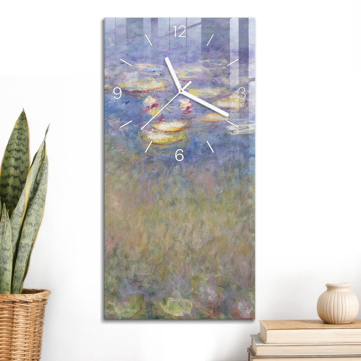 ArtPrintCave Paars Glazen Klok - 30x60 cm - Rechthoekige Wandklok - Waterlelies Wandklok Keuken - Natuur Unieke Klok - Witte Klokwijzers