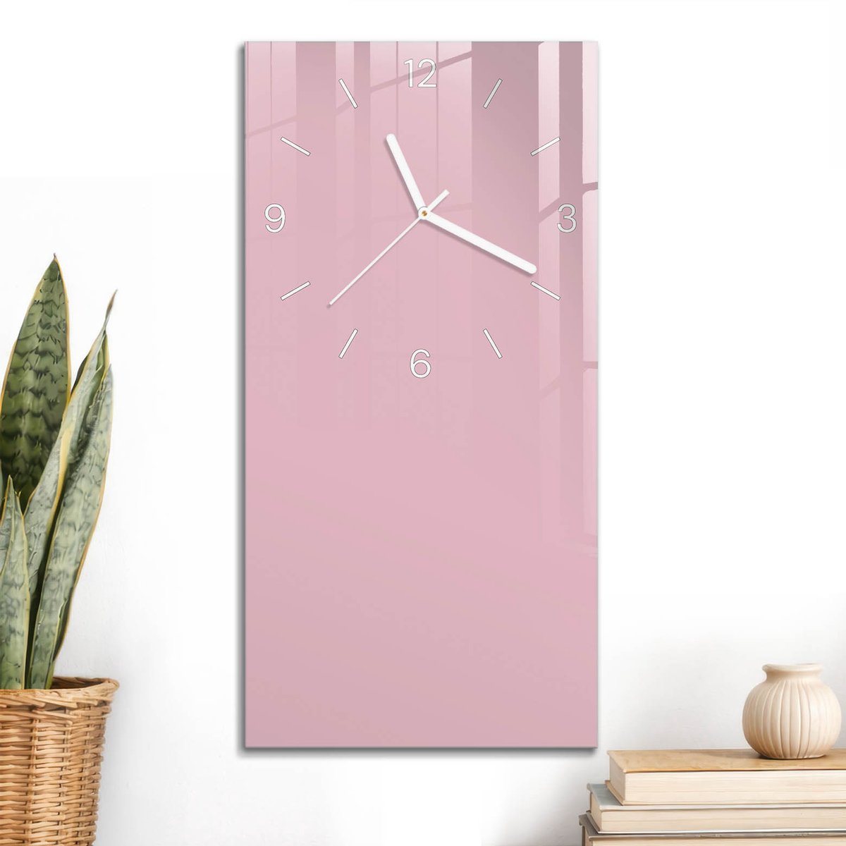 ArtPrintCave Roze Glazen Klok - 30x60 cm - Rechthoekige Wandklok - Lichtroze Stille Wandklok - Abstractie Wandklok Keuken - Witte Klokwijzers