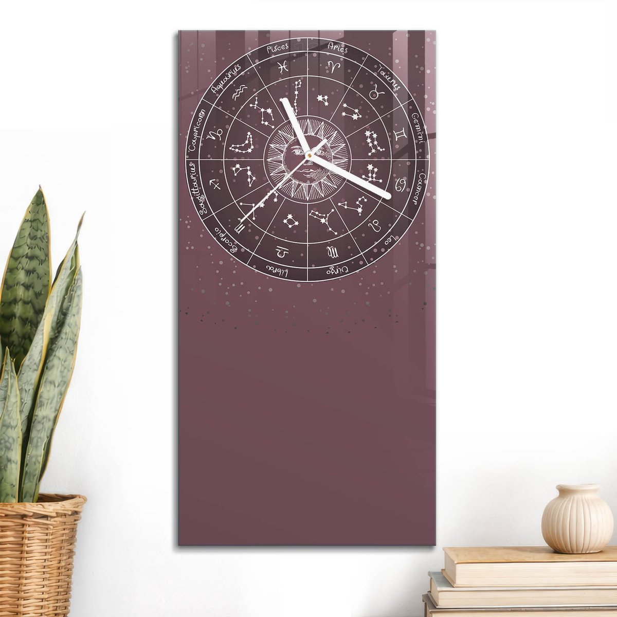 ArtPrintCave Bordeaux Glazen Klok - 30x60 cm - Rechthoekige Wandklok - Astrologische Cirkel Unieke Klok - Abstractie Stille Wandklok - Witte Klokwijzers