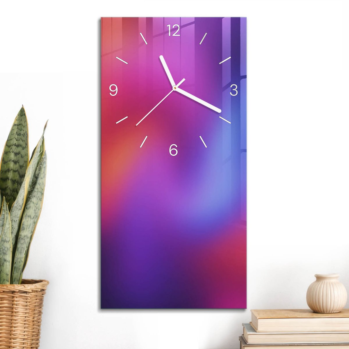 ArtPrintCave Paars Glazen Klok - 30x60 cm - Rechthoekige Wandklok - Kleurrijke Abstractie Unieke Klok - Achtergronden En Patronen Stille Wandklok - Witte Klokwijzers
